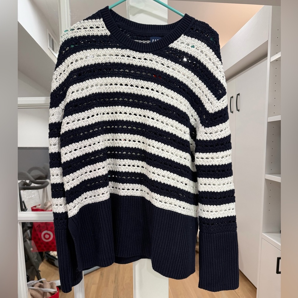 GAP Navy and White Striped Oversized Crochet Crewneck Sweater with Bell Sleeves